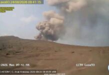 Hari ini Gunung Anak Krakatau 18 Kali Meletus, Letusan Terakhir Paling Tinggi Capai 557 Meter Penampakan letusan Gunung Anak Krakatau, 24 Agustus 2026 siang. (Foto: PVMBG.)